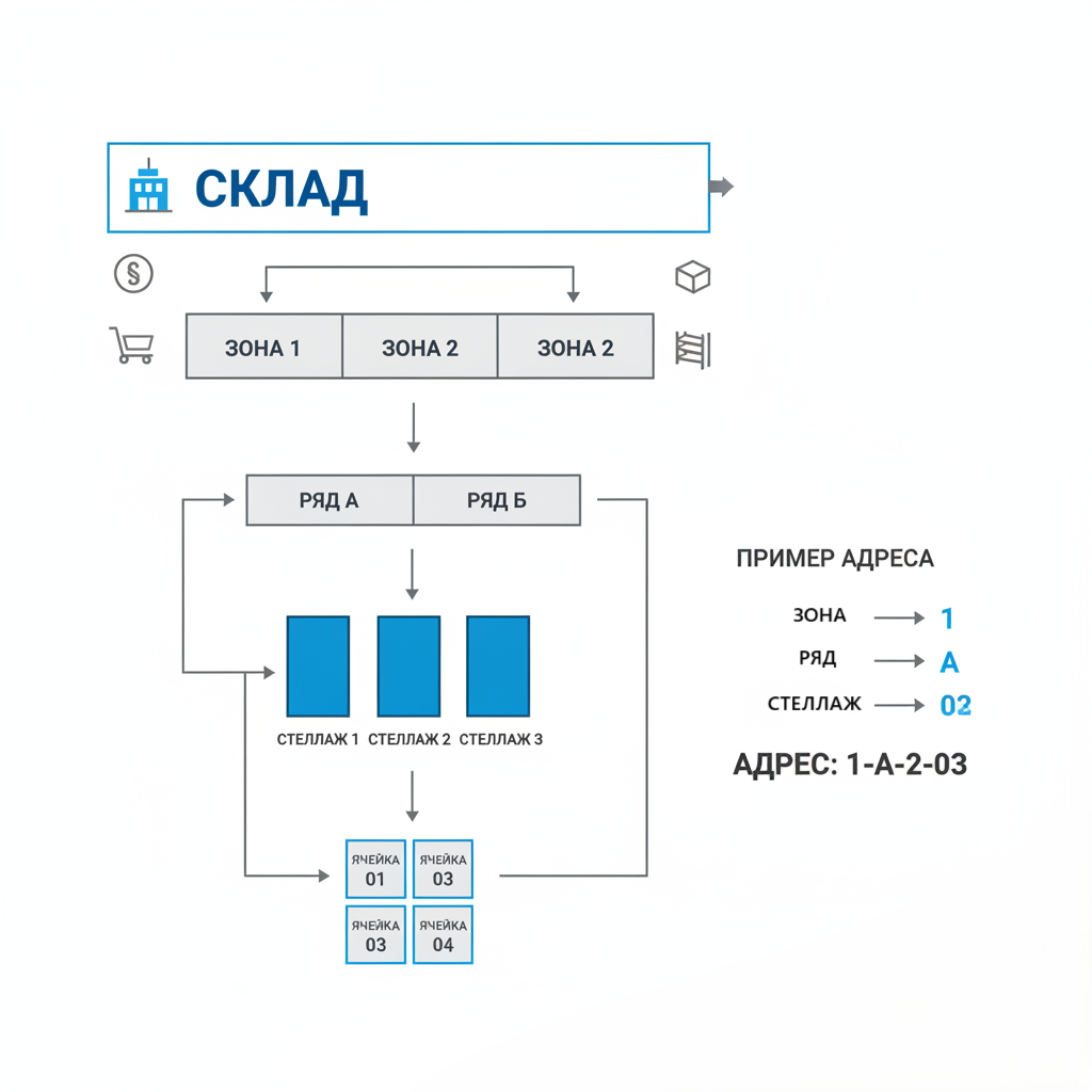 Пример топологии склада: логическая структура - основа для присвоения уникальных адресов.