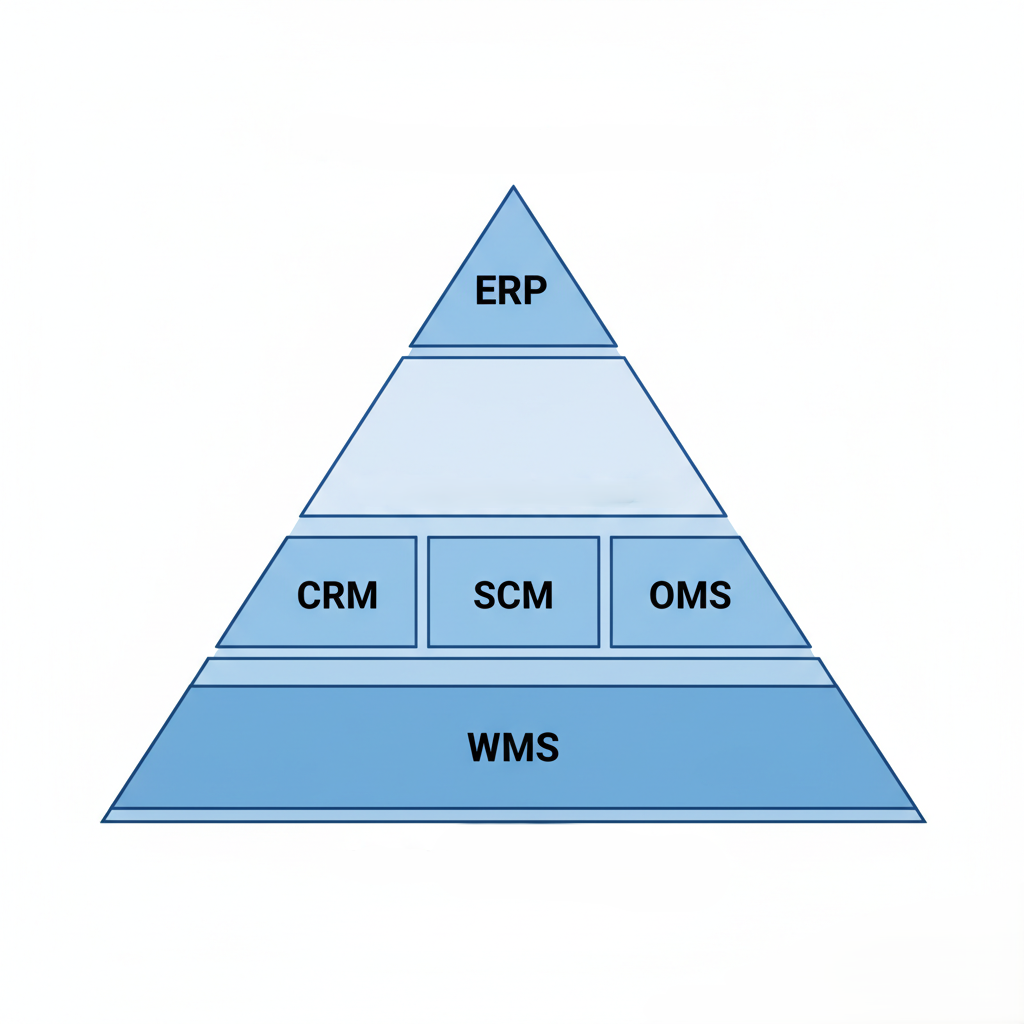Иерархия бизнес-систем: от стратегического планирования в ERP до физического исполнения на складе под управлением WMS.