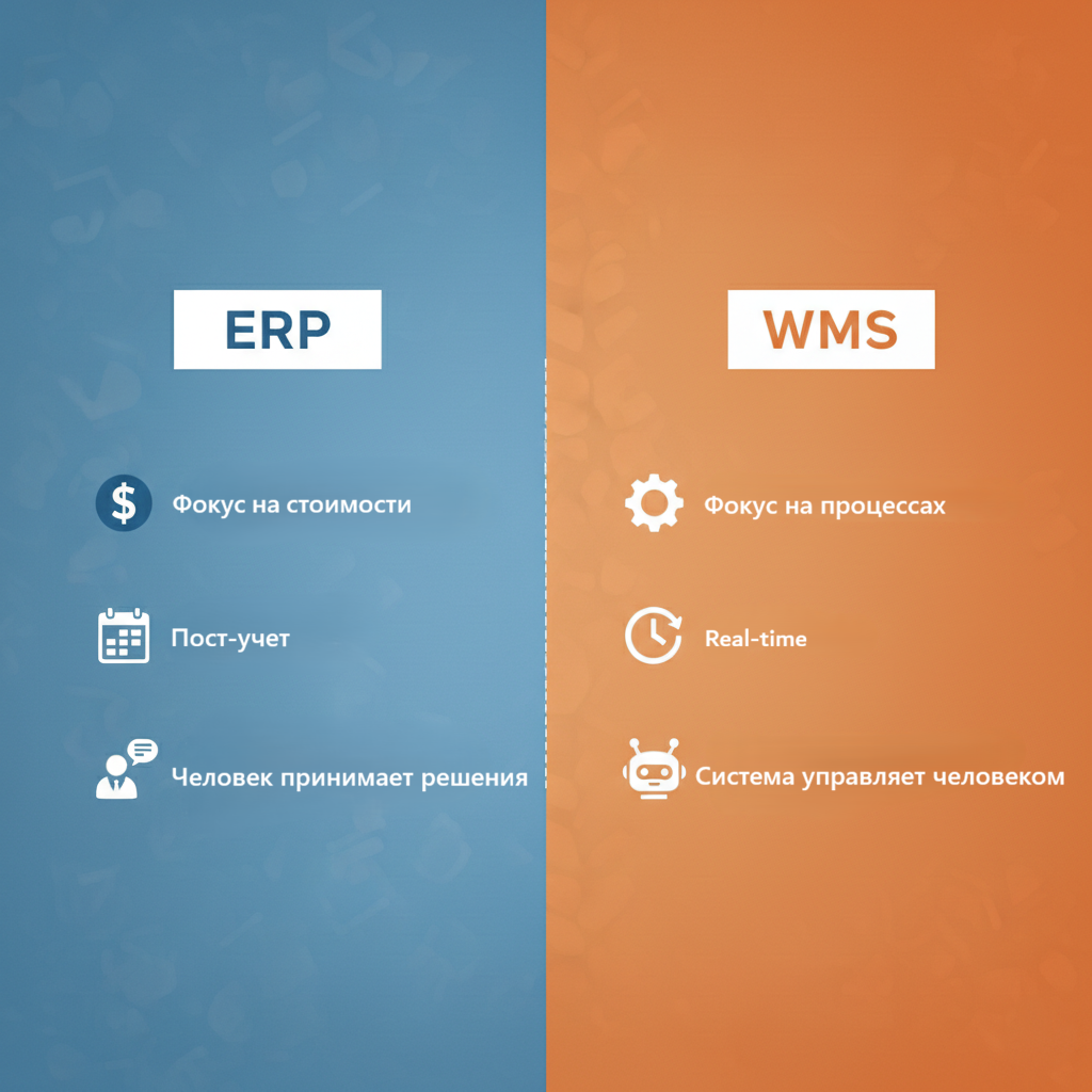 Ключевые отличия: ERP фиксирует историю операций, а VIKI.JET.WMS управляет ими в момент совершения.