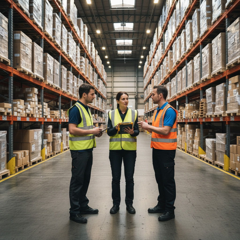 Руководитель склада обсуждает задачи с персоналом, используя планшет с WMS.