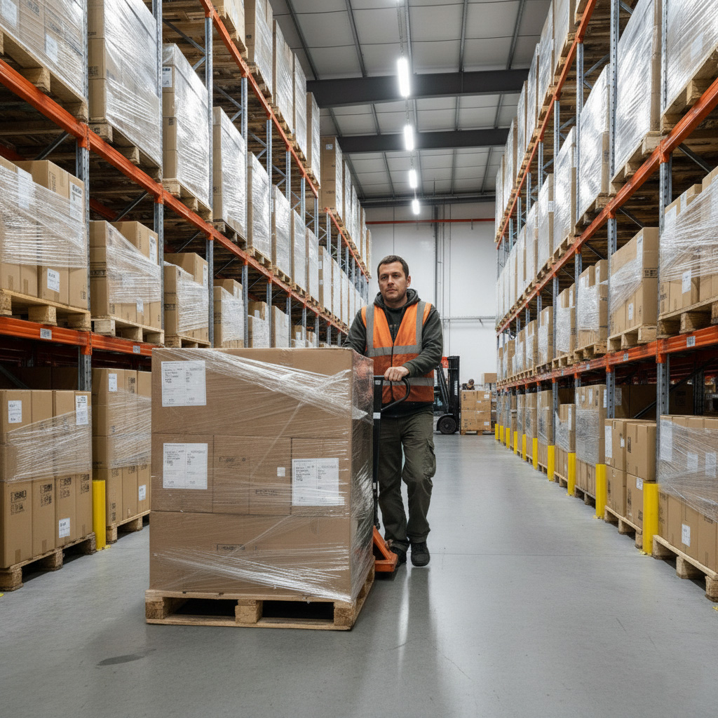 Сотрудник склада перемещает укомплектованный заказ на паллете.