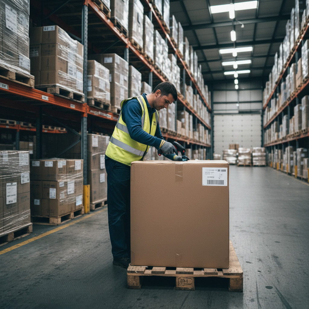 Кладовщик сканирует штрихкод товара с помощью терминала сбора данных (ТСД) под управлением WMS.