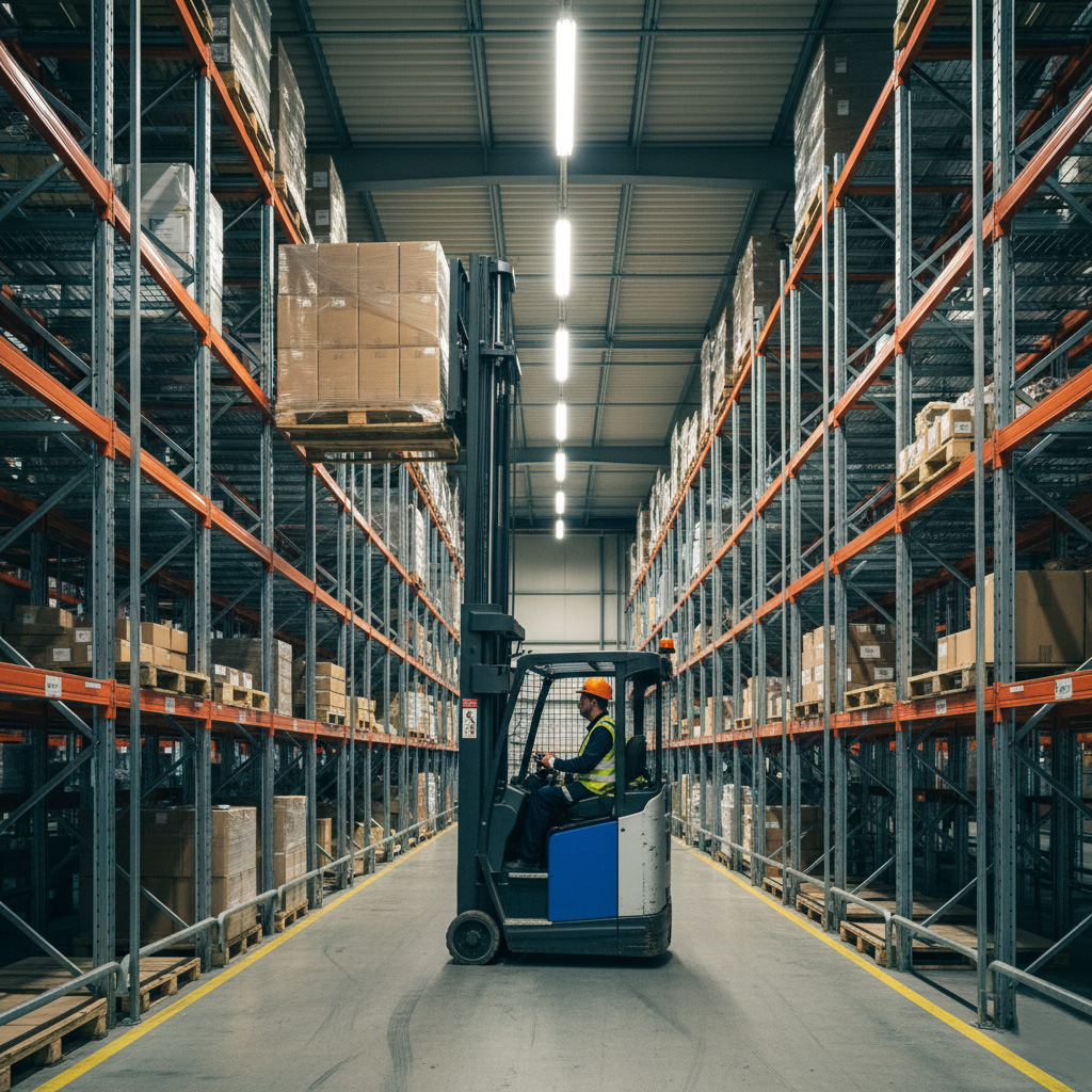 Размещение паллеты на высотном стеллаже с помощью ричтрака по заданию WMS системы.